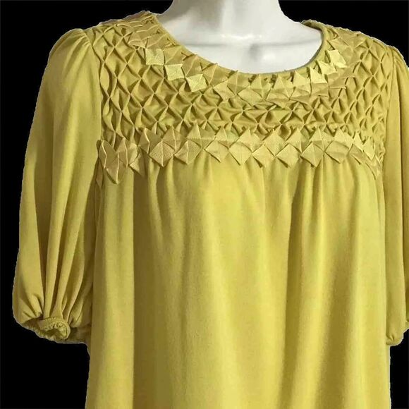 Peter Nygard Top Womens M Argyle Blouse Pullover Yellow Stretch 3/4 SLV Bohemian - Picture 3 of 7